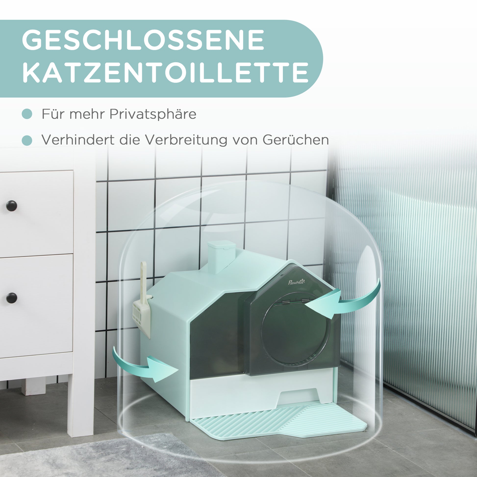 Cat Litter Box with Bottom Tray, Scoop, Filter, Hooded Toilet for Cats up to 8 kg, ABS, Plastic, Light Blue 47 x 45 x 42 cm