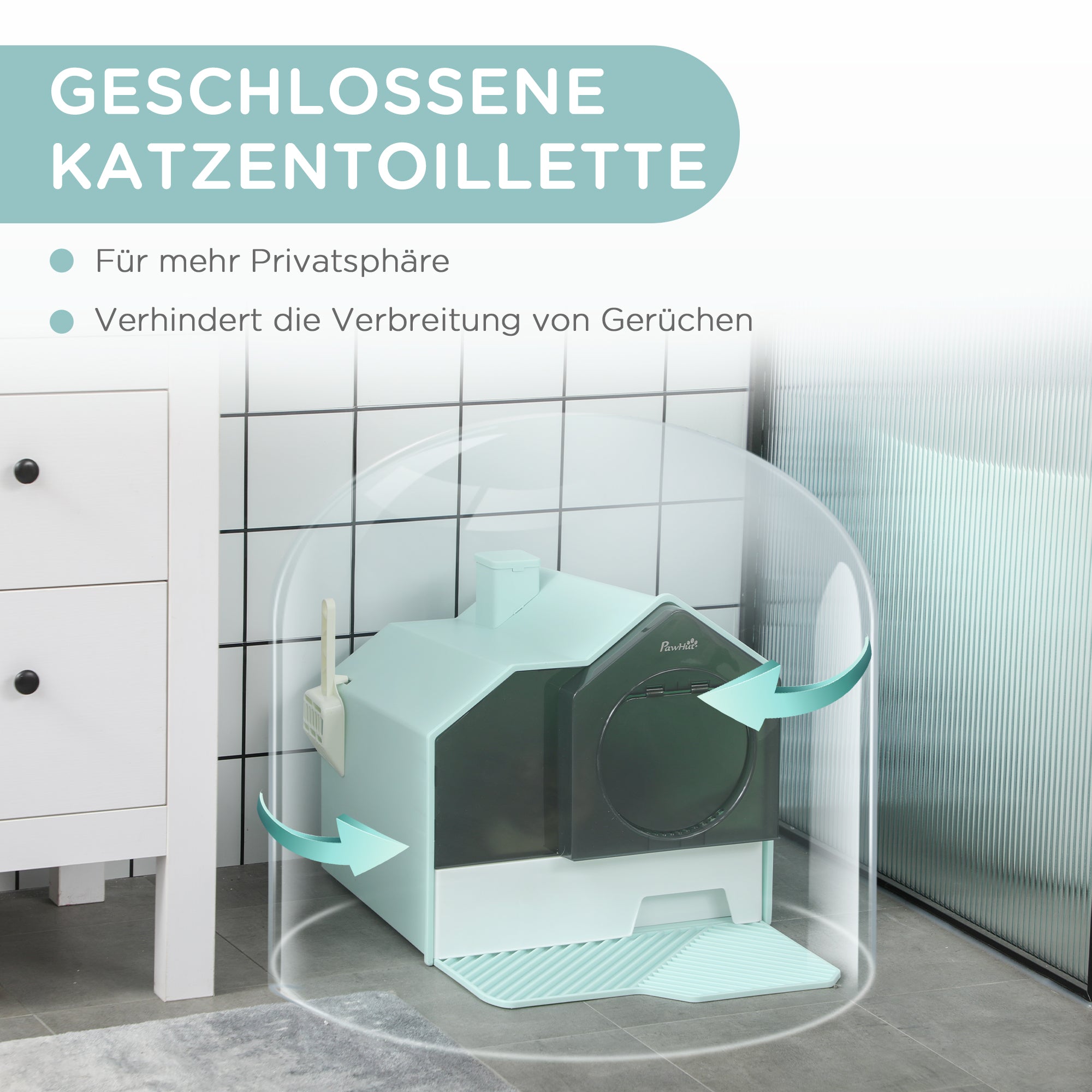 Cat Litter Box with Bottom Tray, Scoop, Filter, Hooded Toilet for Cats up to 8 kg, ABS, Plastic, Light Blue 47 x 45 x 42 cm