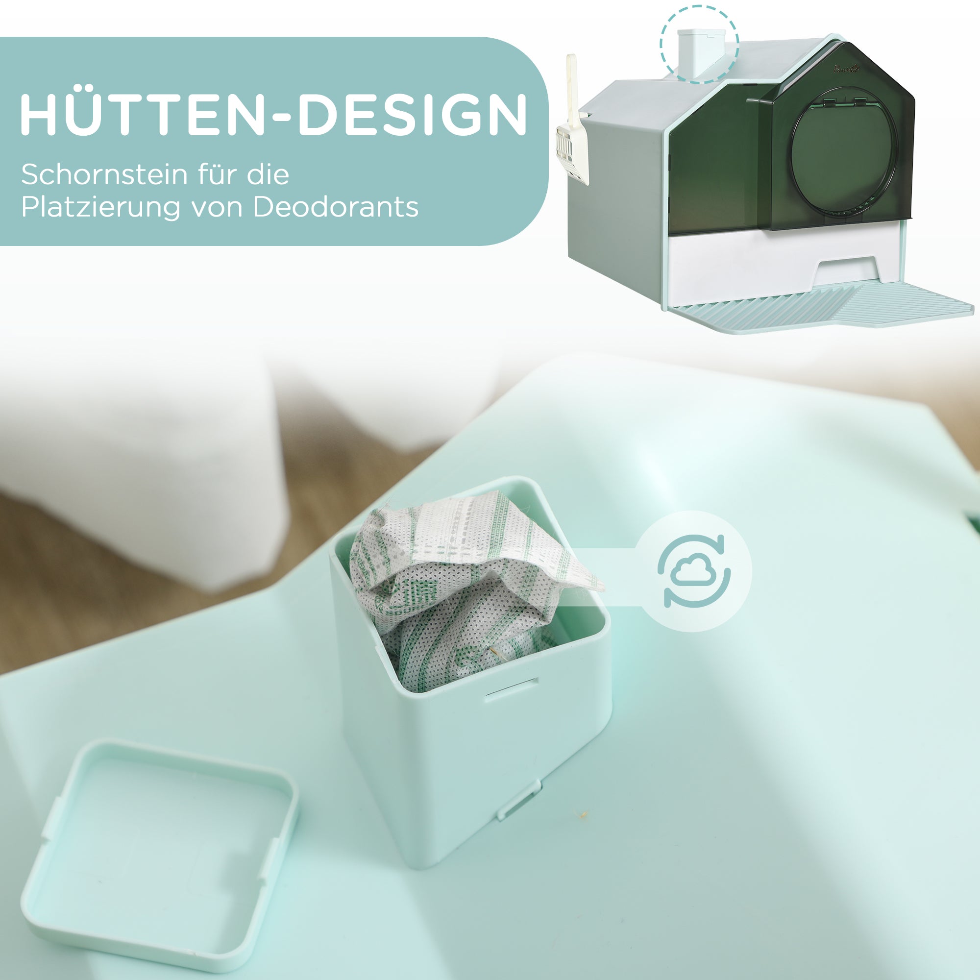 Cat Litter Box with Bottom Tray, Scoop, Filter, Hooded Toilet for Cats up to 8 kg, ABS, Plastic, Light Blue 47 x 45 x 42 cm