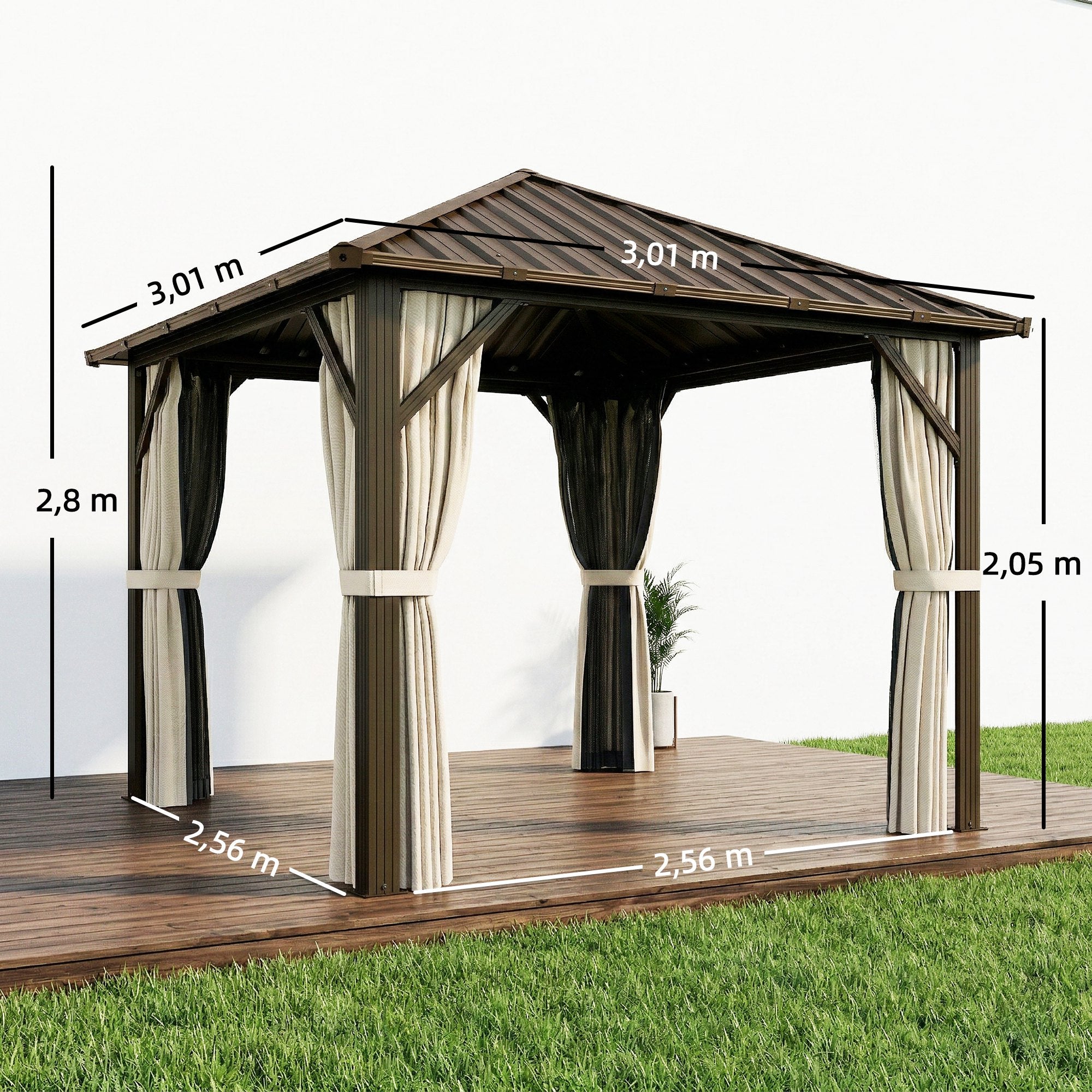Garden Gazebo ~3 x 3 m Aluminum Gazebo with Steel Hardtop, Mosquito Nets & 4 Side Curtains, UPF50+, Water-Resistant, Stable Outdoor Pergola with Ceiling Hook for Garden & Patio, Brown
