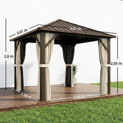 Garden Gazebo ~3 x 3 m Aluminum Gazebo with Steel Hardtop, Mosquito Nets & 4 Side Curtains, UPF50+, Water-Resistant, Stable Outdoor Pergola with Ceiling Hook for Garden & Patio, Brown