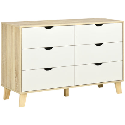 6 Drawer Chest of Drawers Bedroom Cabinet Scandinavian Style Storage Unit with Wooden Legs, for Bedroom, Living Room, 120 x 40 x 76 cm, Wood and White