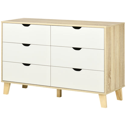 6 Drawer Chest of Drawers Bedroom Cabinet Scandinavian Style Storage Unit with Wooden Legs, for Bedroom, Living Room, 120 x 40 x 76 cm, Wood and White