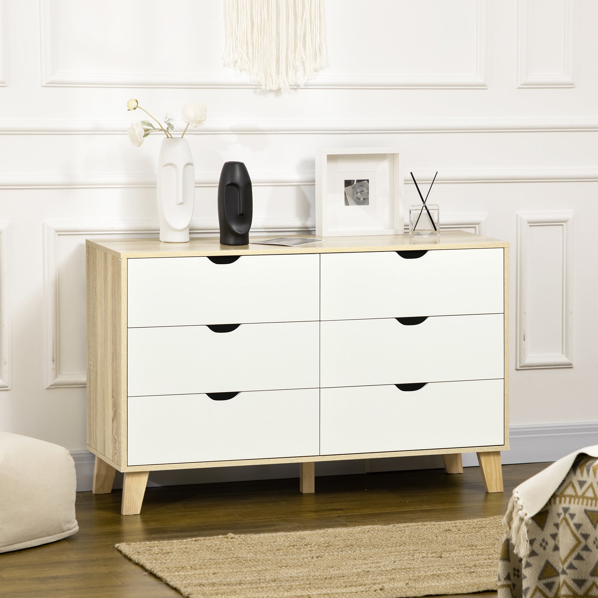 6 Drawer Chest of Drawers Bedroom Cabinet Scandinavian Style Storage Unit with Wooden Legs, for Bedroom, Living Room, 120 x 40 x 76 cm, Wood and White