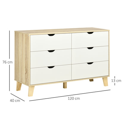 6 Drawer Chest of Drawers Bedroom Cabinet Scandinavian Style Storage Unit with Wooden Legs, for Bedroom, Living Room, 120 x 40 x 76 cm, Wood and White