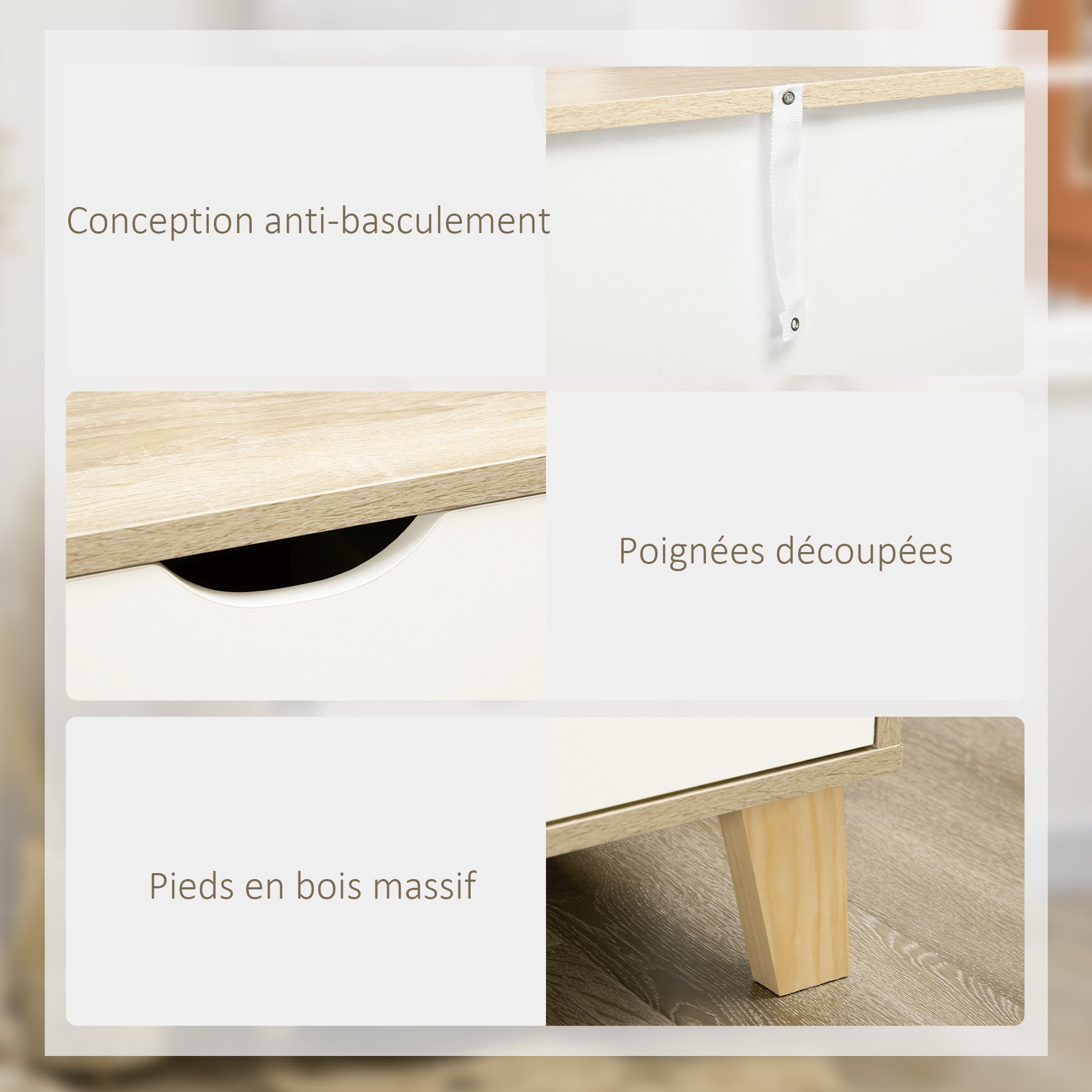 6 Drawer Chest of Drawers Bedroom Cabinet Scandinavian Style Storage Unit with Wooden Legs, for Bedroom, Living Room, 120 x 40 x 76 cm, Wood and White