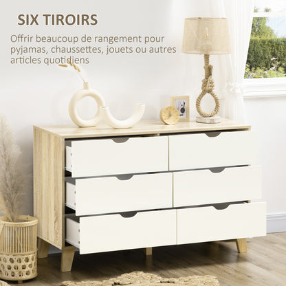 6 Drawer Chest of Drawers Bedroom Cabinet Scandinavian Style Storage Unit with Wooden Legs, for Bedroom, Living Room, 120 x 40 x 76 cm, Wood and White