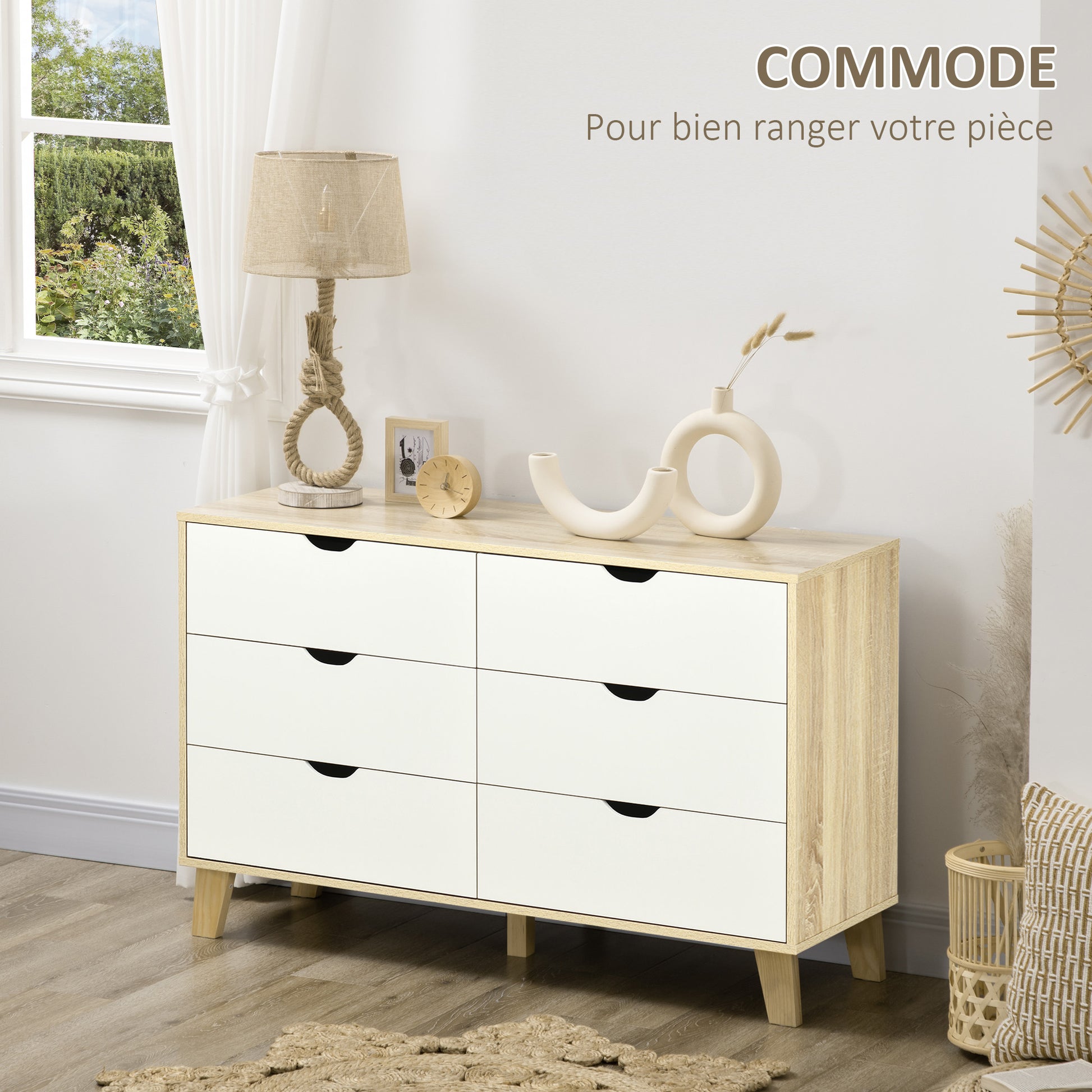 6 Drawer Chest of Drawers Bedroom Cabinet Scandinavian Style Storage Unit with Wooden Legs, for Bedroom, Living Room, 120 x 40 x 76 cm, Wood and White