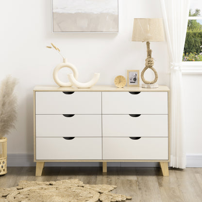 6 Drawer Chest of Drawers Bedroom Cabinet Scandinavian Style Storage Unit with Wooden Legs, for Bedroom, Living Room, 120 x 40 x 76 cm, Wood and White