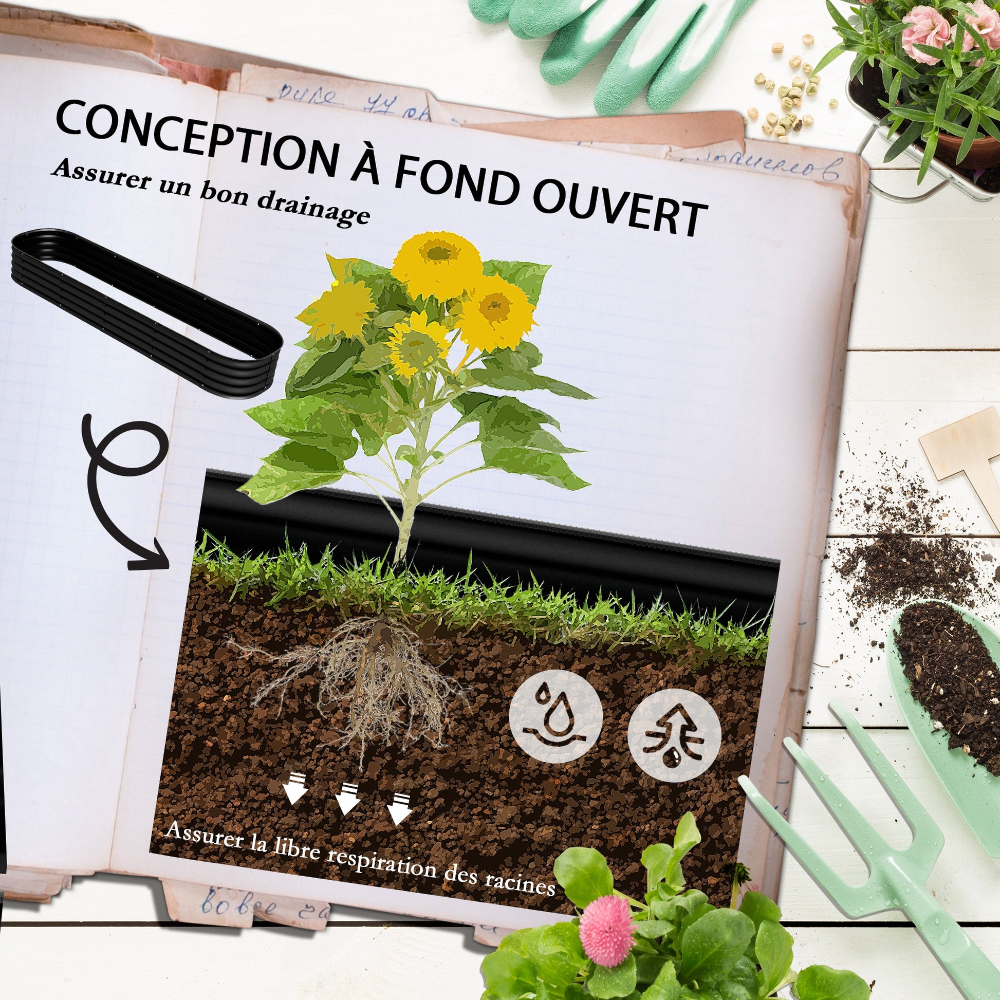 Modular Steel Raised Garden Bed Planter for Vegetables, Plants, Flowers - 240 x 62 x 30cm, Black