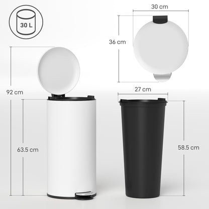 Trash Can 30 L Step Bin with Soft Close Lid and Pedal, Waste Bin incl. Inner Bucket, Trash Collector, for Living Room, Office, Metal, Cream White, 36 x 30 x 63.5 cm