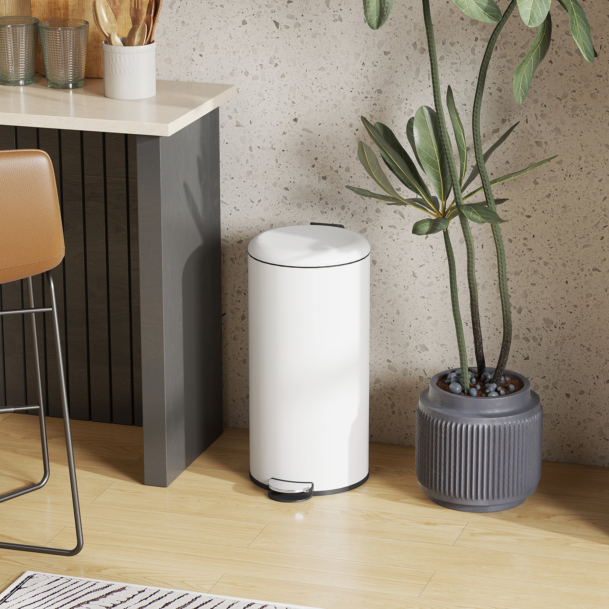 Trash Can 30 L Step Bin with Soft Close Lid and Pedal, Waste Bin incl. Inner Bucket, Trash Collector, for Living Room, Office, Metal, Cream White, 36 x 30 x 63.5 cm