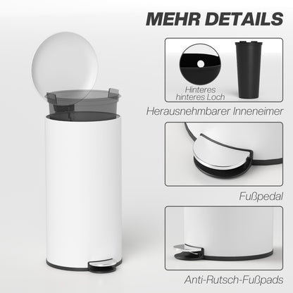 Trash Can 30 L Step Bin with Soft Close Lid and Pedal, Waste Bin incl. Inner Bucket, Trash Collector, for Living Room, Office, Metal, Cream White, 36 x 30 x 63.5 cm