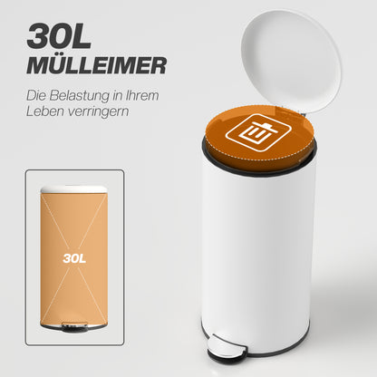 Trash Can 30 L Step Bin with Soft Close Lid and Pedal, Waste Bin incl. Inner Bucket, Trash Collector, for Living Room, Office, Metal, Cream White, 36 x 30 x 63.5 cm