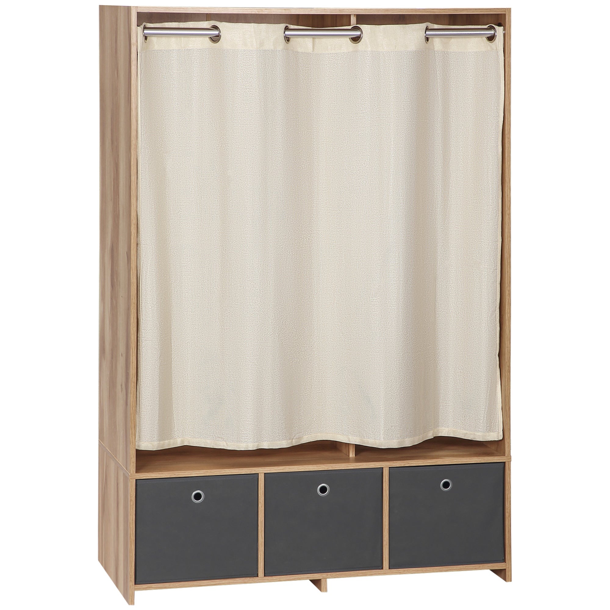 Wardrobe, dressing room with curtain, clothing wardrobe, closet with hanger, 3 compartments, and 3 removable fabric drawers - 105 x 48 x 160 cm, natural wood