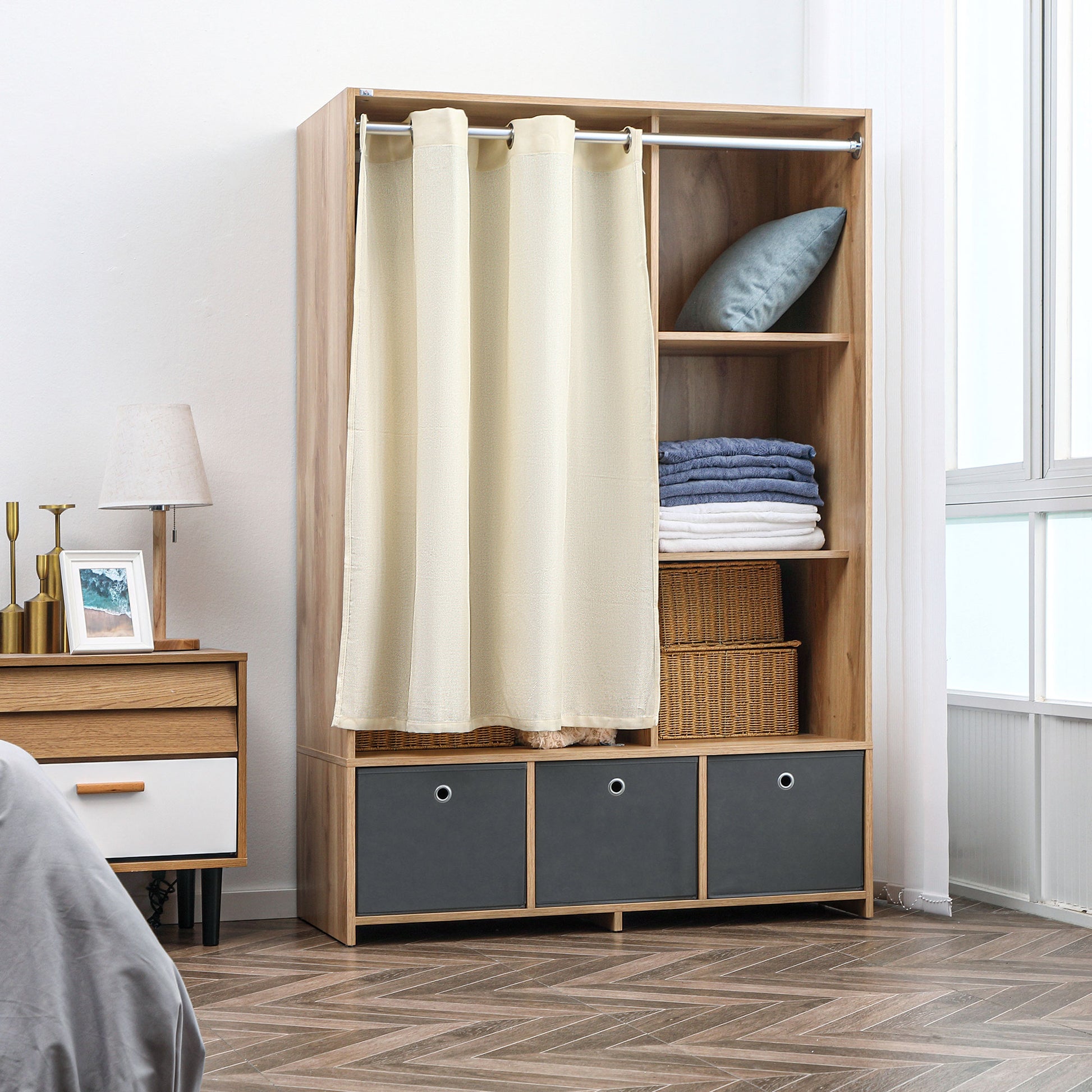 Wardrobe, dressing room with curtain, clothing wardrobe, closet with hanger, 3 compartments, and 3 removable fabric drawers - 105 x 48 x 160 cm, natural wood