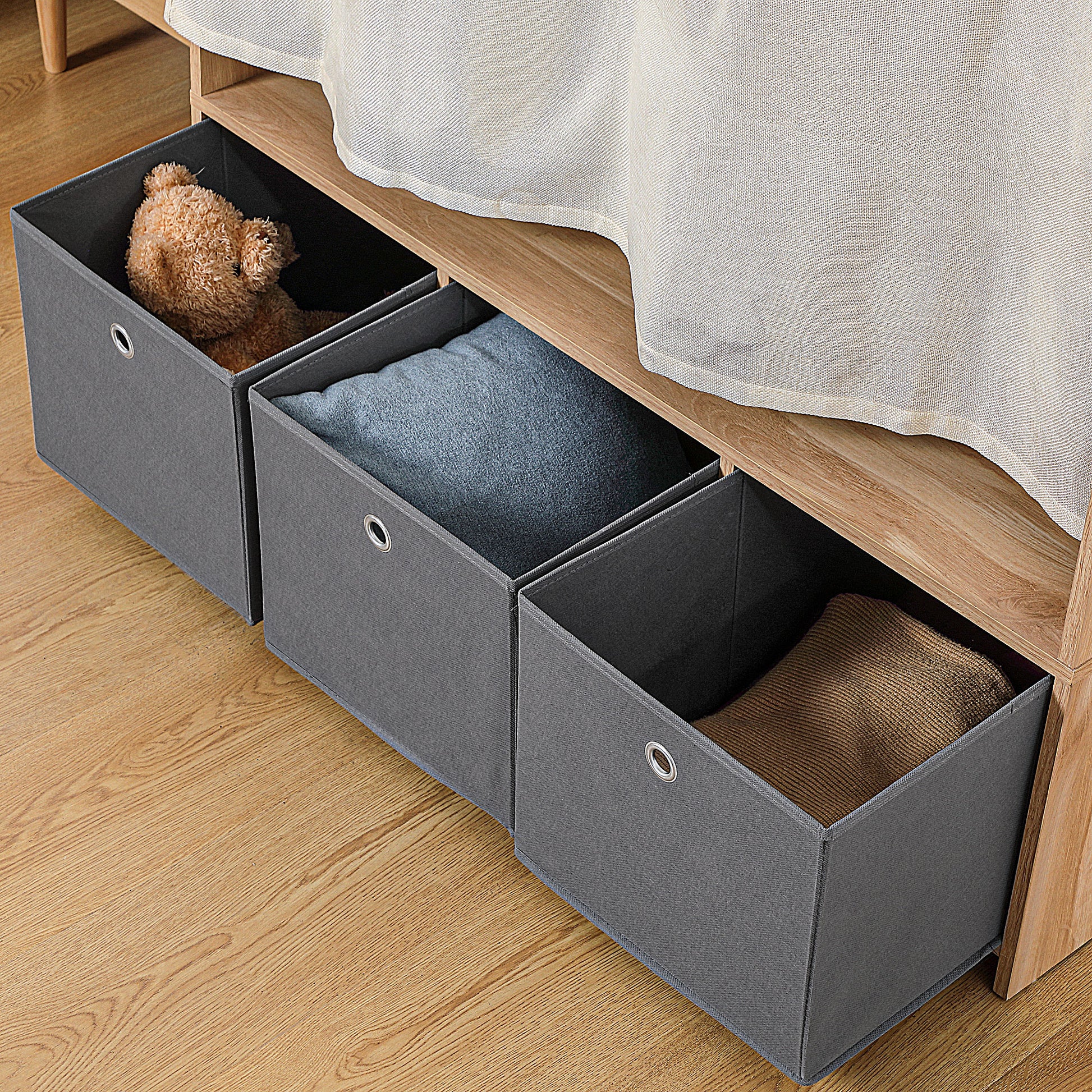 Wardrobe, dressing room with curtain, clothing wardrobe, closet with hanger, 3 compartments, and 3 removable fabric drawers - 105 x 48 x 160 cm, natural wood