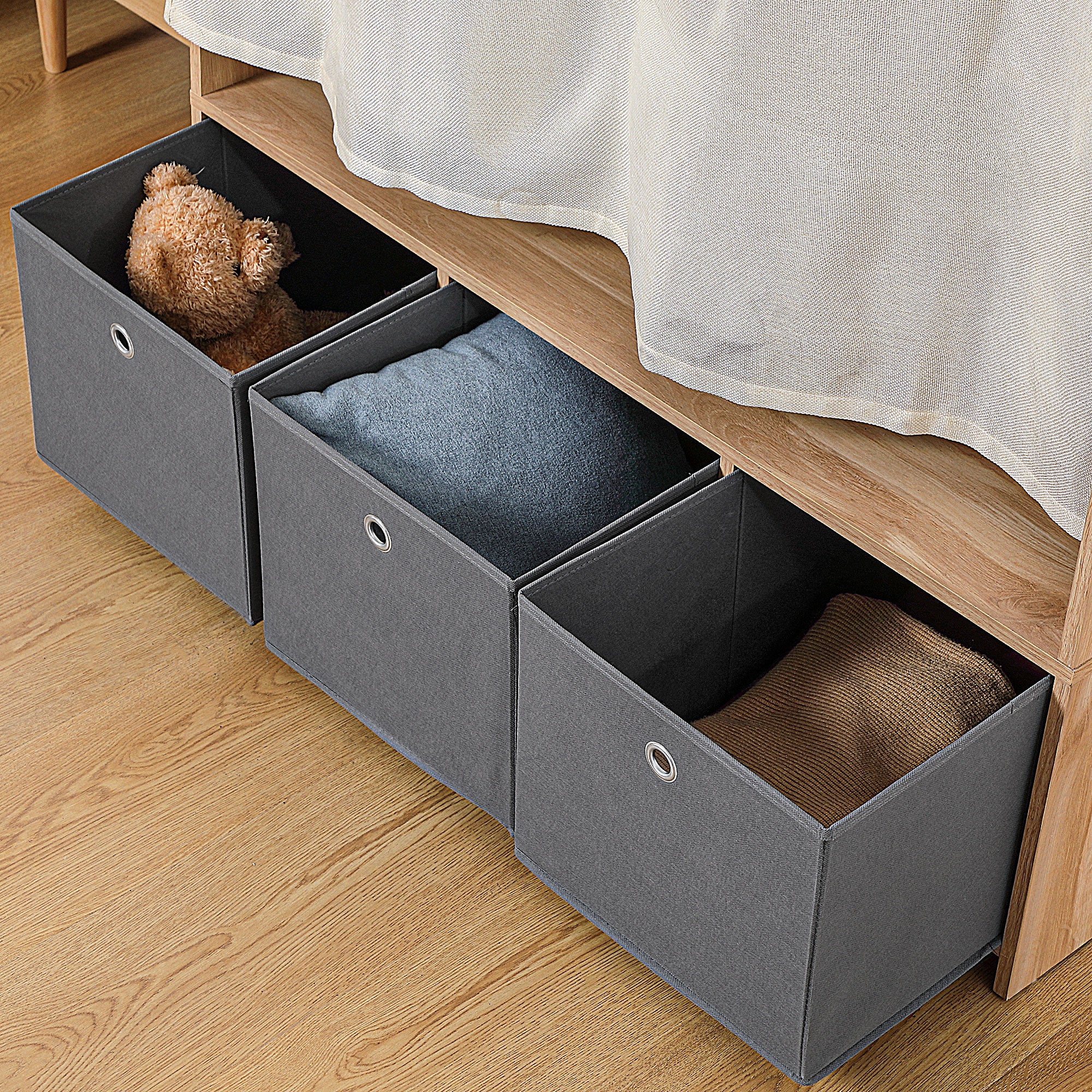 Wardrobe, dressing room with curtain, clothing wardrobe, closet with hanger, 3 compartments, and 3 removable fabric drawers - 105 x 48 x 160 cm, natural wood