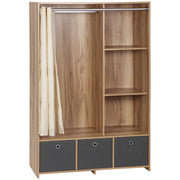 Wardrobe, dressing room with curtain, clothing wardrobe, closet with hanger, 3 compartments, and 3 removable fabric drawers - 105 x 48 x 160 cm, natural wood