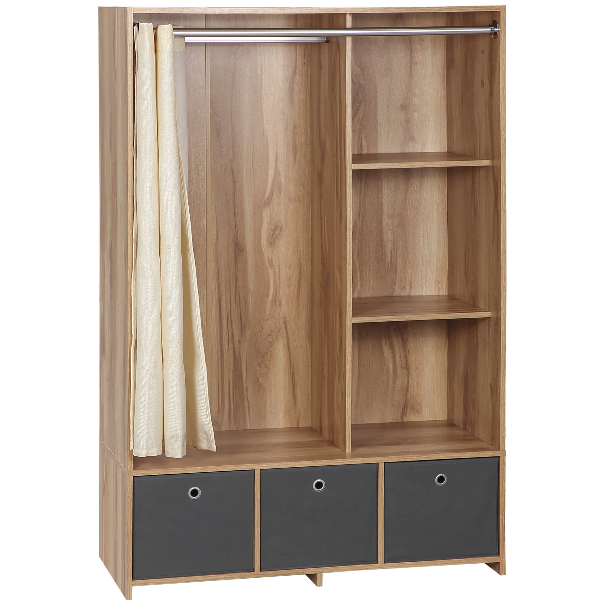 Wardrobe, dressing room with curtain, clothing wardrobe, closet with hanger, 3 compartments, and 3 removable fabric drawers - 105 x 48 x 160 cm, natural wood