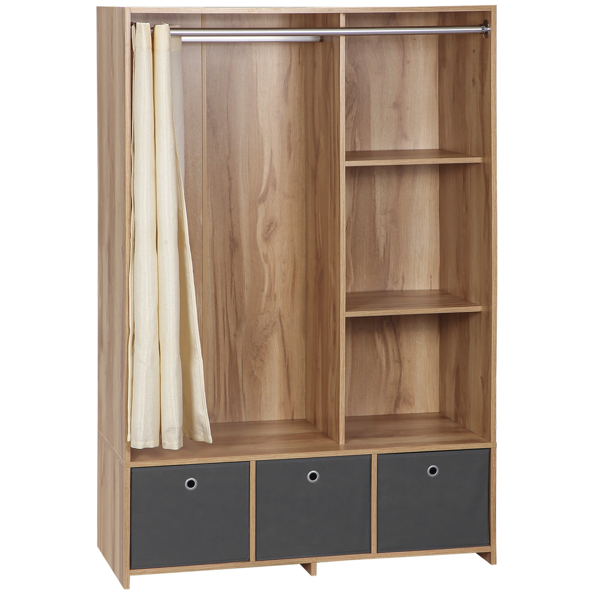 Wardrobe, dressing room with curtain, clothing wardrobe, closet with hanger, 3 compartments, and 3 removable fabric drawers - 105 x 48 x 160 cm, natural wood