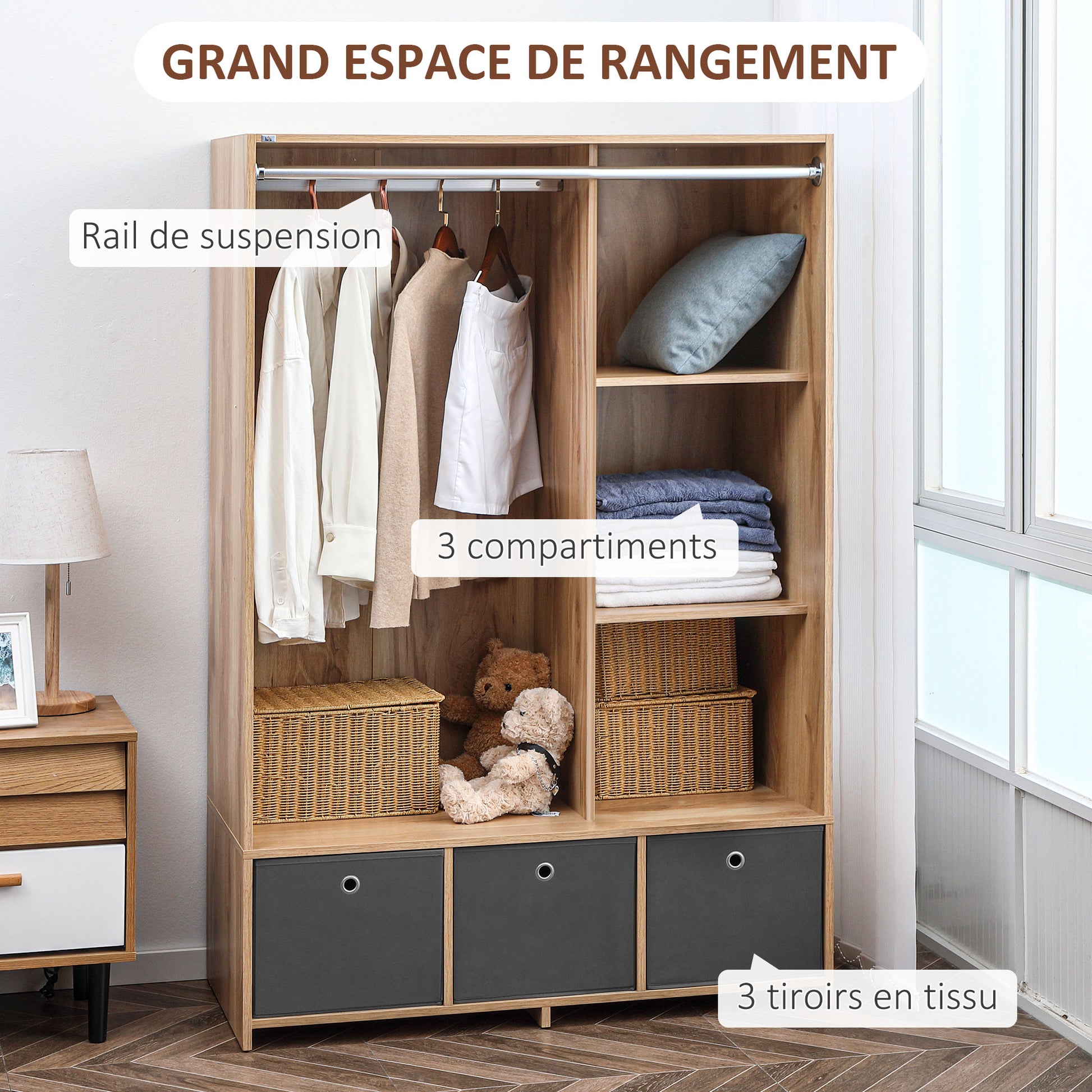 Wardrobe, dressing room with curtain, clothing wardrobe, closet with hanger, 3 compartments, and 3 removable fabric drawers - 105 x 48 x 160 cm, natural wood