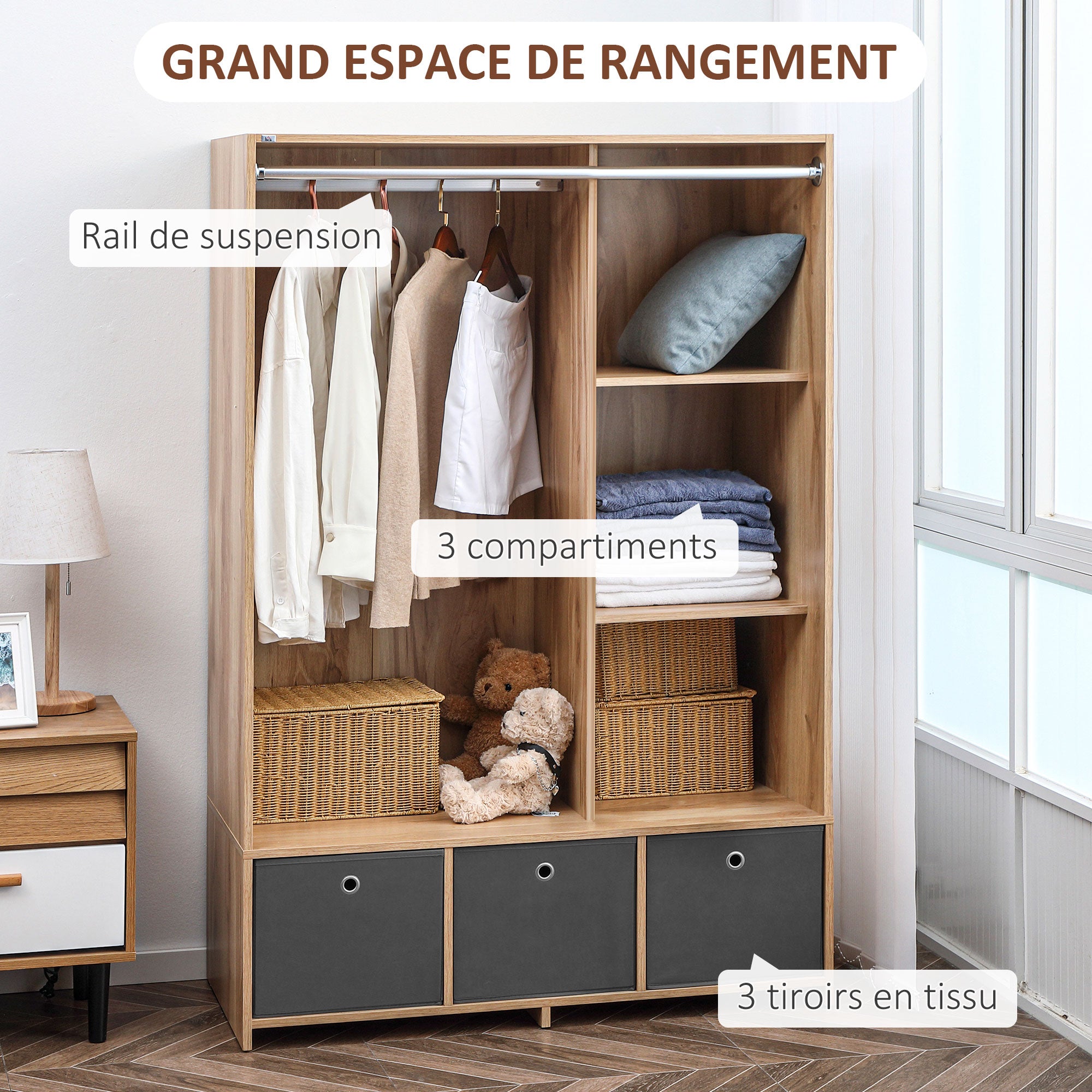 Wardrobe, dressing room with curtain, clothing wardrobe, closet with hanger, 3 compartments, and 3 removable fabric drawers - 105 x 48 x 160 cm, natural wood