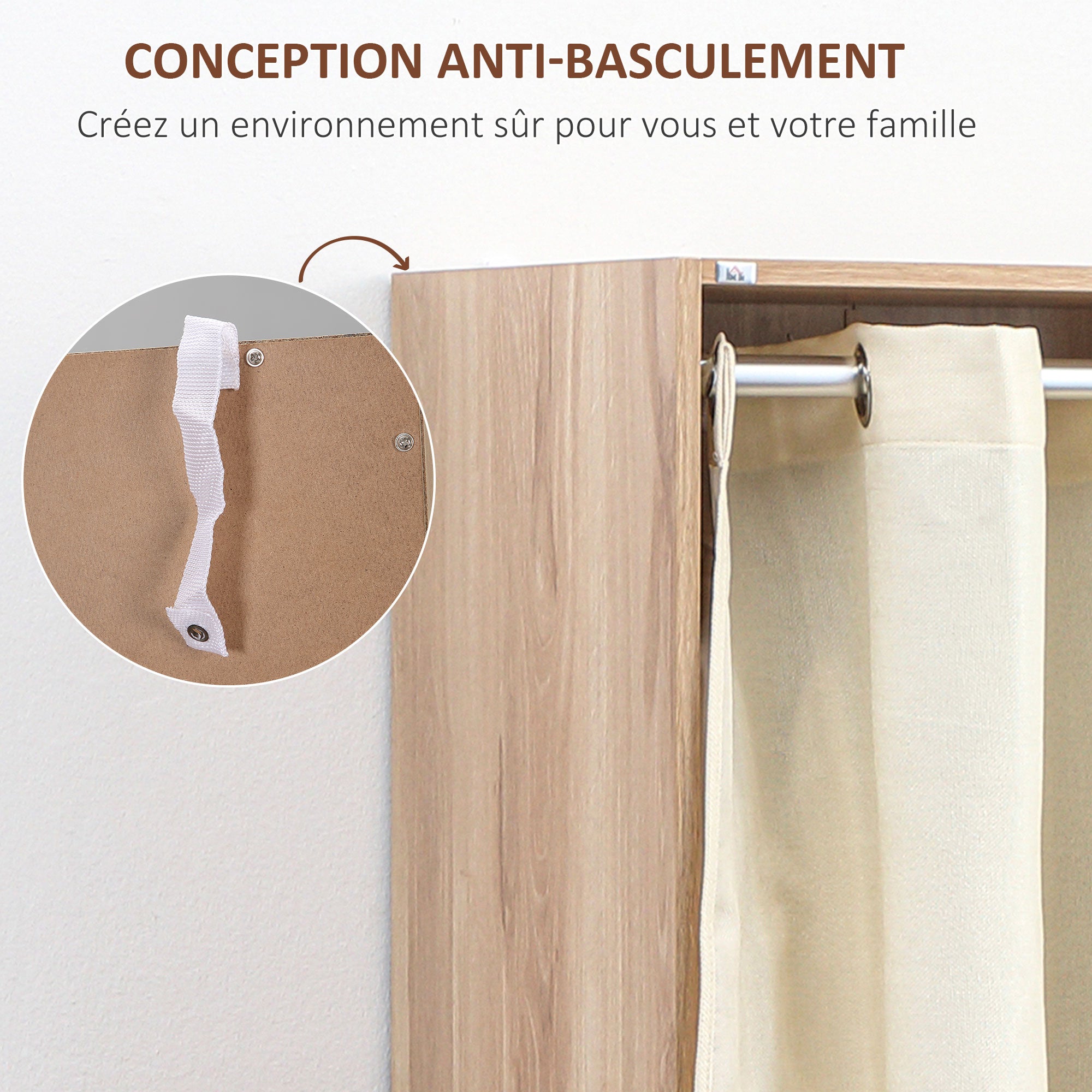 Wardrobe, dressing room with curtain, clothing wardrobe, closet with hanger, 3 compartments, and 3 removable fabric drawers - 105 x 48 x 160 cm, natural wood