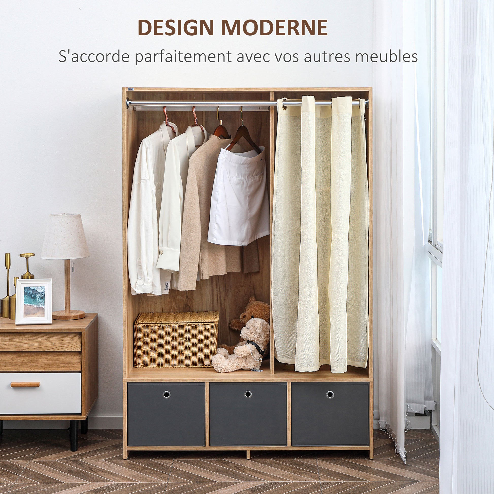 Wardrobe, dressing room with curtain, clothing wardrobe, closet with hanger, 3 compartments, and 3 removable fabric drawers - 105 x 48 x 160 cm, natural wood