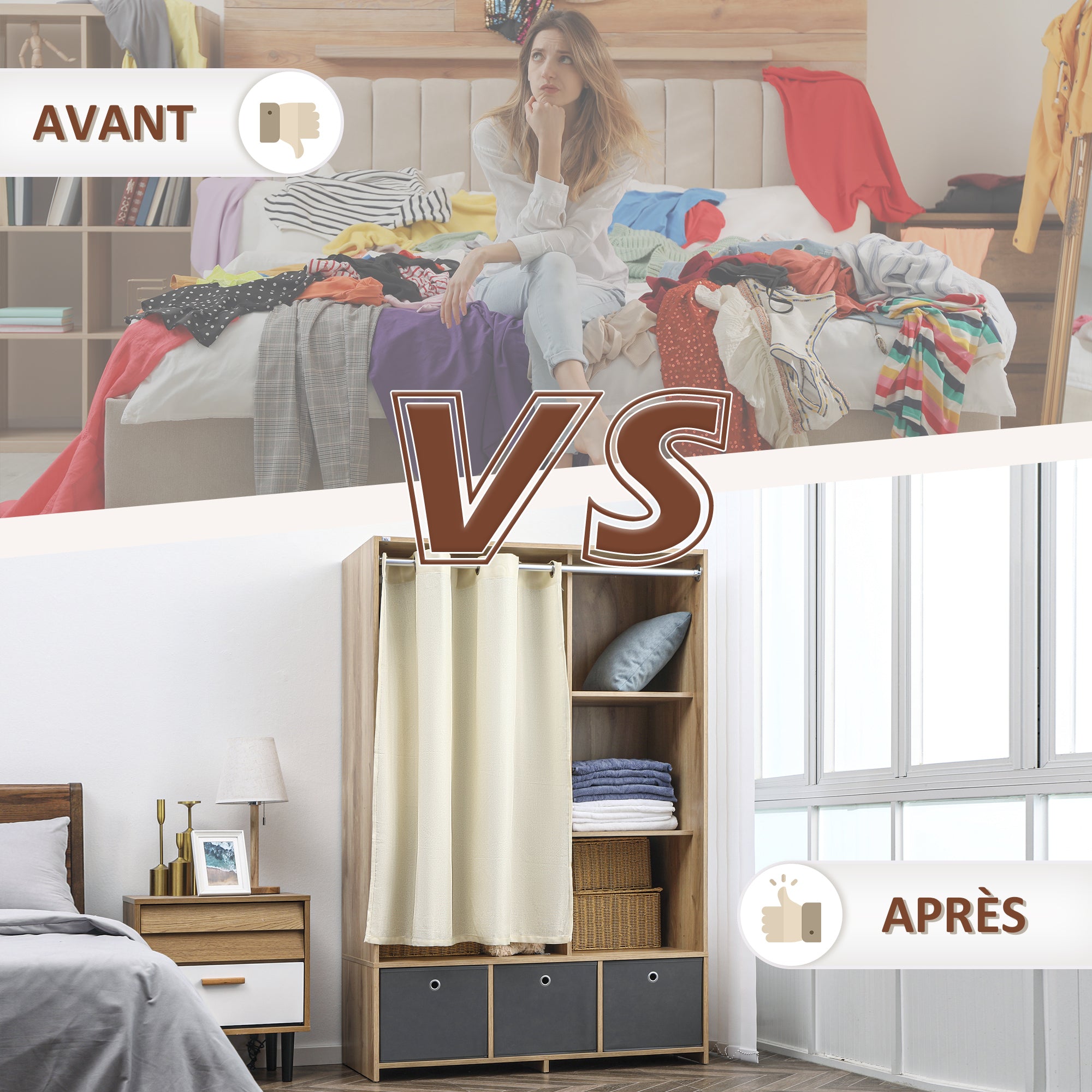 Wardrobe, dressing room with curtain, clothing wardrobe, closet with hanger, 3 compartments, and 3 removable fabric drawers - 105 x 48 x 160 cm, natural wood