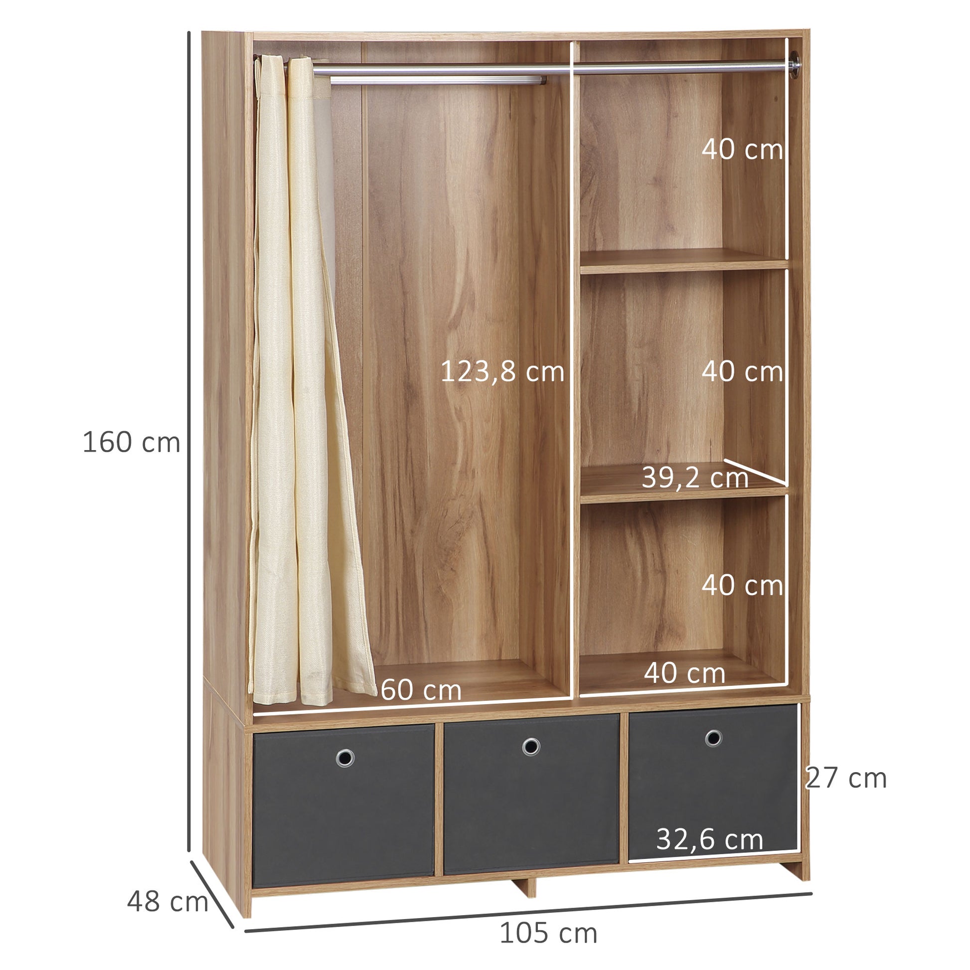 Wardrobe, dressing room with curtain, clothing wardrobe, closet with hanger, 3 compartments, and 3 removable fabric drawers - 105 x 48 x 160 cm, natural wood