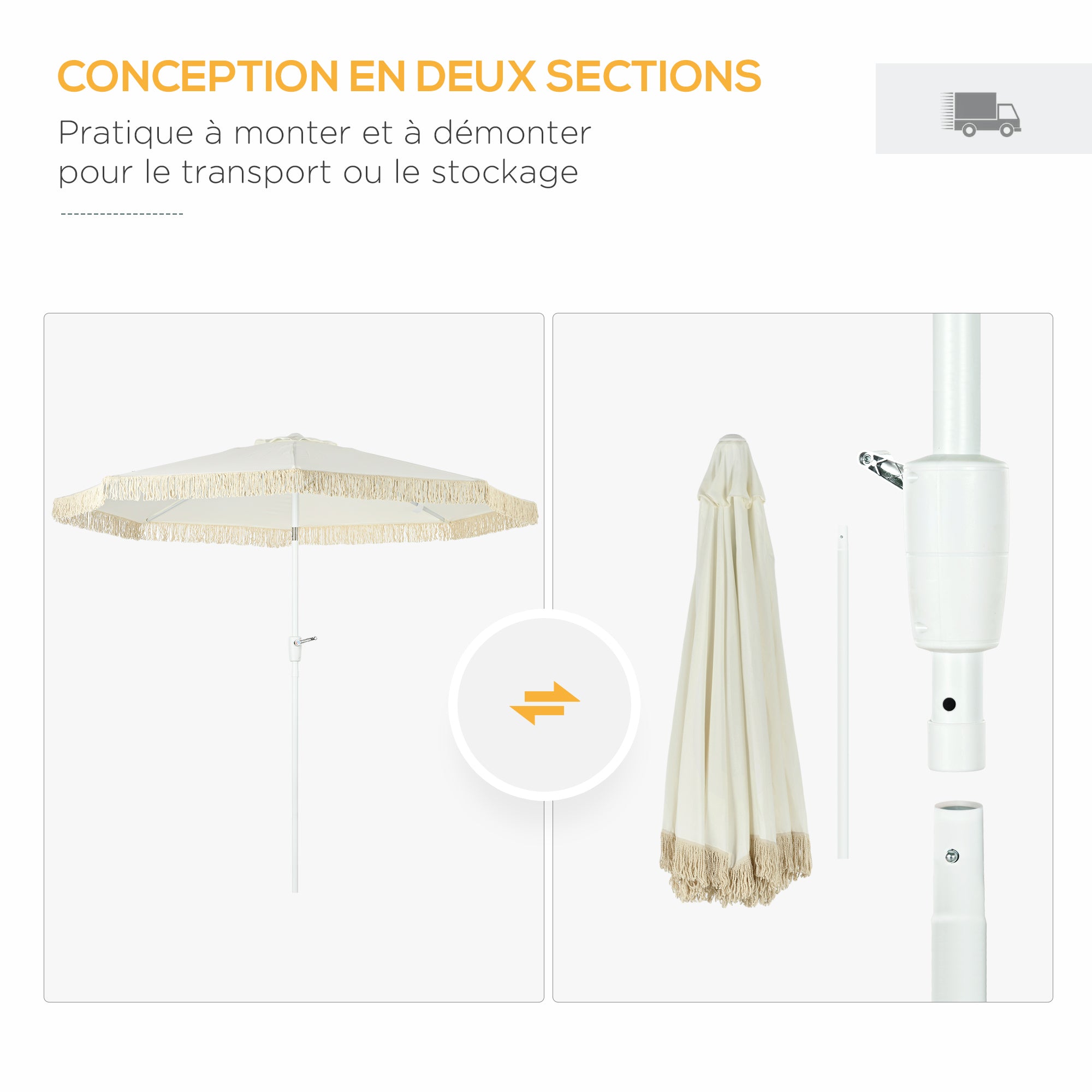 Garden Parasol Outdoor Tilting Fringed Umbrella with Crank 8 Ribs dim. Ø 2.65 x 2.45 H m White