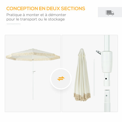 Garden Parasol Outdoor Tilting Fringed Umbrella with Crank 8 Ribs dim. Ø 2.65 x 2.45 H m White