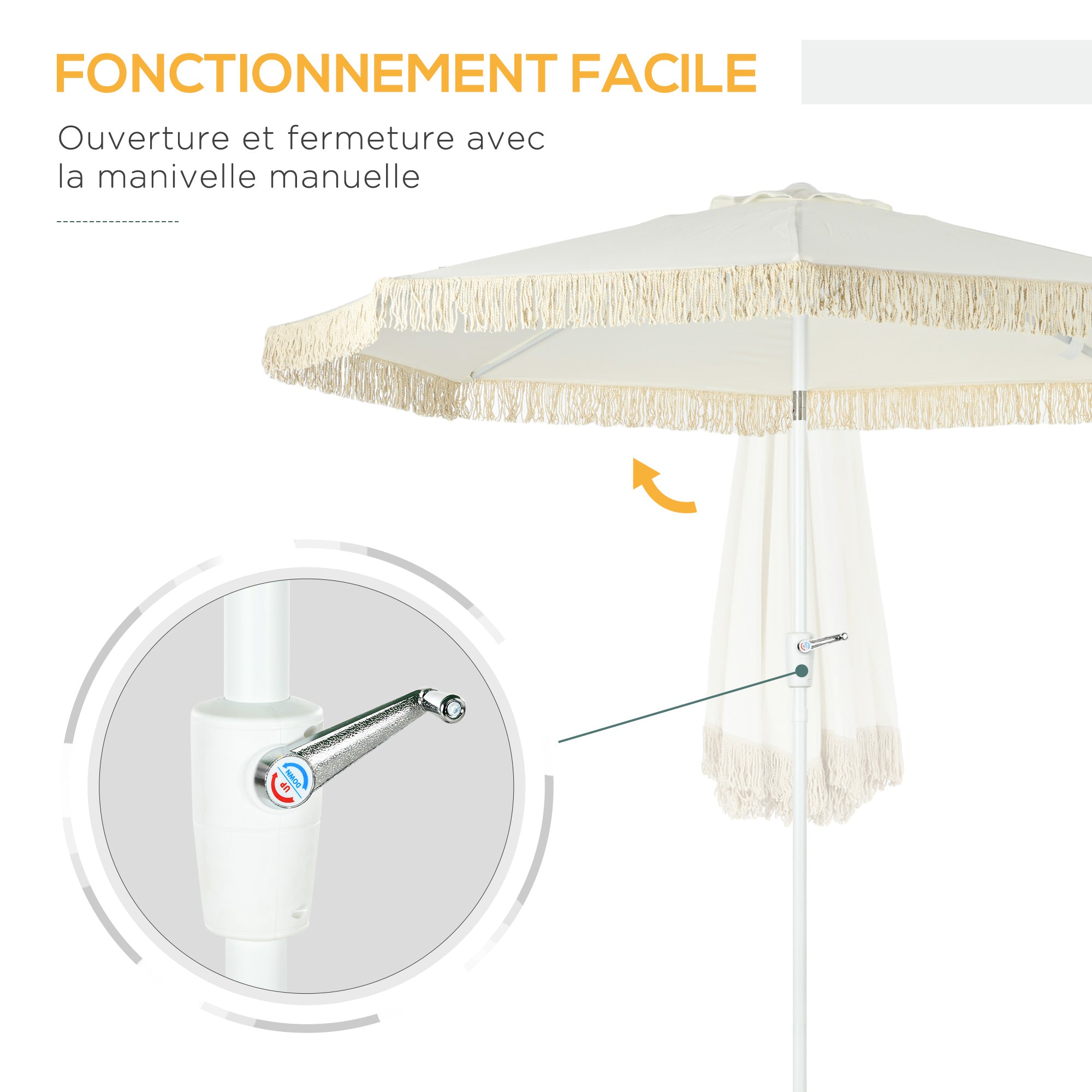 Garden Parasol Outdoor Tilting Fringed Umbrella with Crank 8 Ribs dim. Ø 2.65 x 2.45 H m White