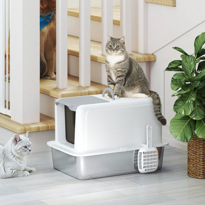 Cat Litter Box Stainless Steel with Lid, Cat Toilet with Tray, Built-in Litter Filter, Includes Scoop, for Large Cats, White