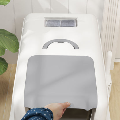 Cat Litter Box Stainless Steel with Lid, Cat Toilet with Tray, Built-in Litter Filter, Includes Scoop, for Large Cats, White