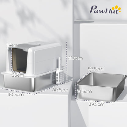 Cat Litter Box Stainless Steel with Lid, Cat Toilet with Tray, Built-in Litter Filter, Includes Scoop, for Large Cats, White