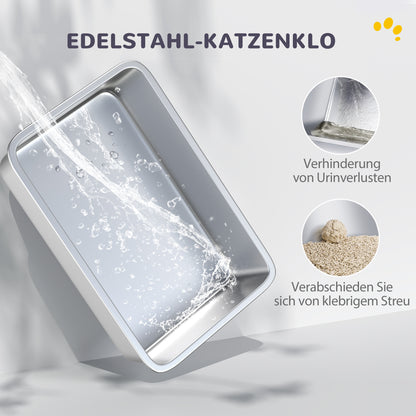 Cat Litter Box Stainless Steel with Lid, Cat Toilet with Tray, Built-in Litter Filter, Includes Scoop, for Large Cats, White