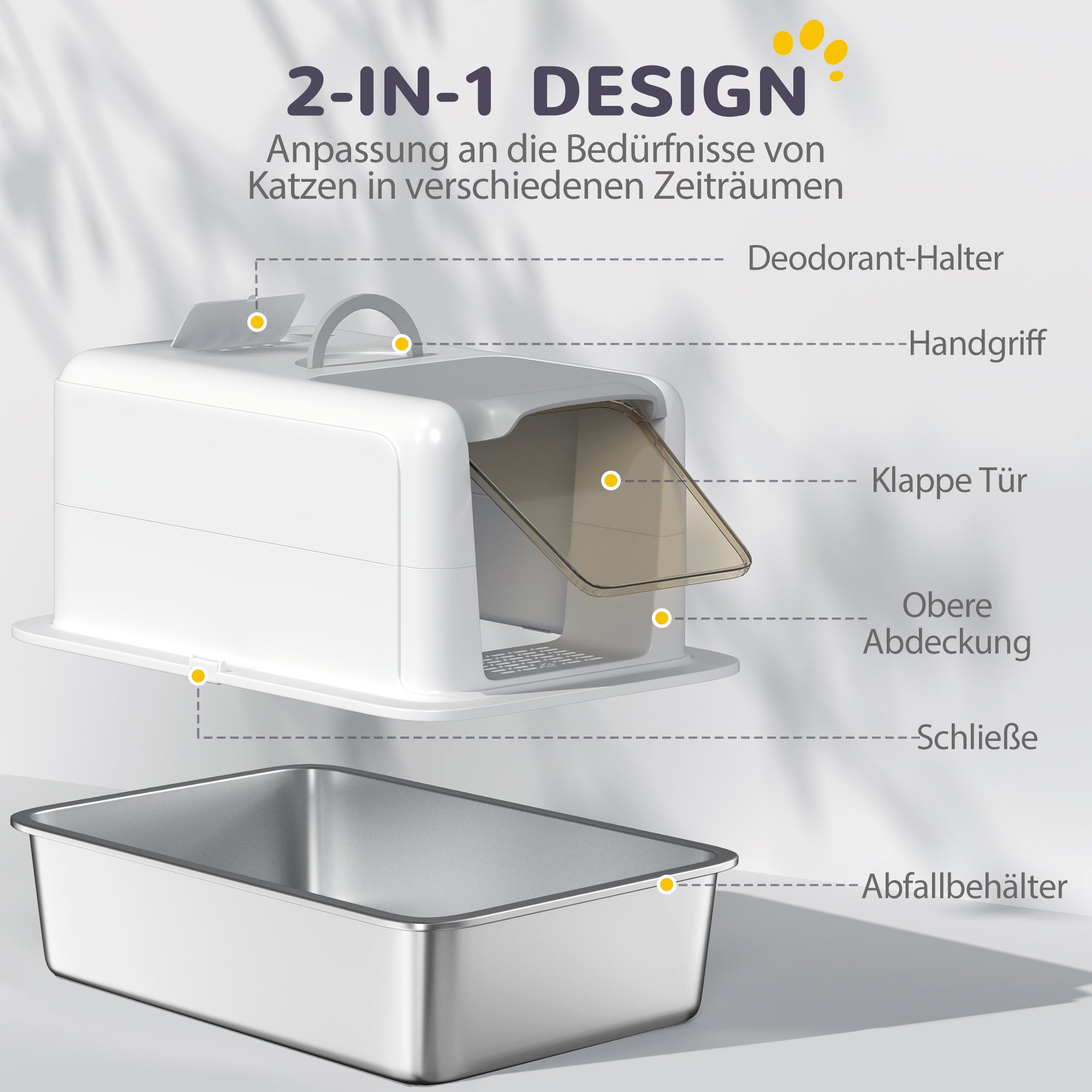 Cat Litter Box Stainless Steel with Lid, Cat Toilet with Tray, Built-in Litter Filter, Includes Scoop, for Large Cats, White