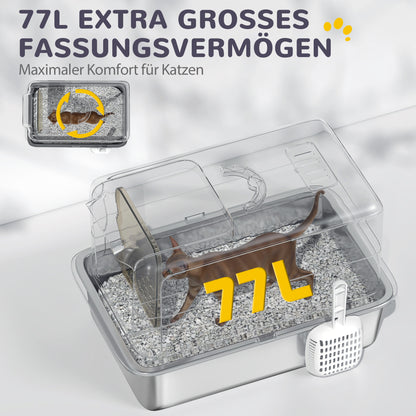 Cat Litter Box Stainless Steel with Lid, Cat Toilet with Tray, Built-in Litter Filter, Includes Scoop, for Large Cats, White