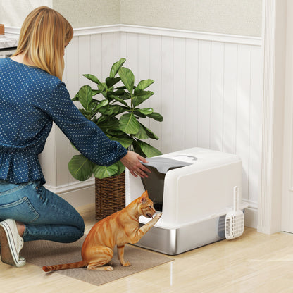 Cat Litter Box Stainless Steel with Lid, Cat Toilet with Tray, Built-in Litter Filter, Includes Scoop, for Large Cats, White