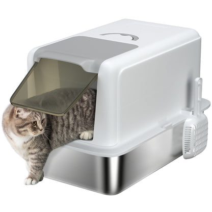 Cat Litter Box Stainless Steel with Lid, Cat Toilet with Tray, Built-in Litter Filter, Includes Scoop, for Large Cats, White