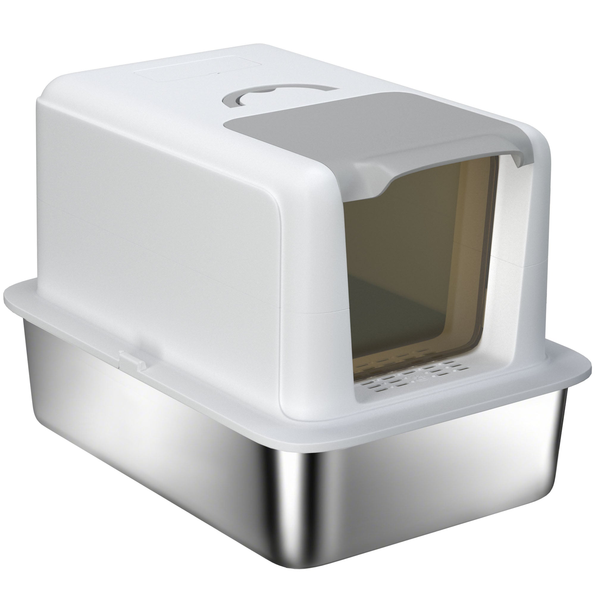Cat Litter Box Stainless Steel with Lid, Cat Toilet with Tray, Built-in Litter Filter, Includes Scoop, for Large Cats, White