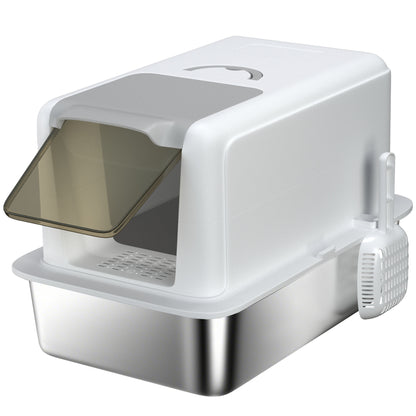 Cat Litter Box Stainless Steel with Lid, Cat Toilet with Tray, Built-in Litter Filter, Includes Scoop, for Large Cats, White