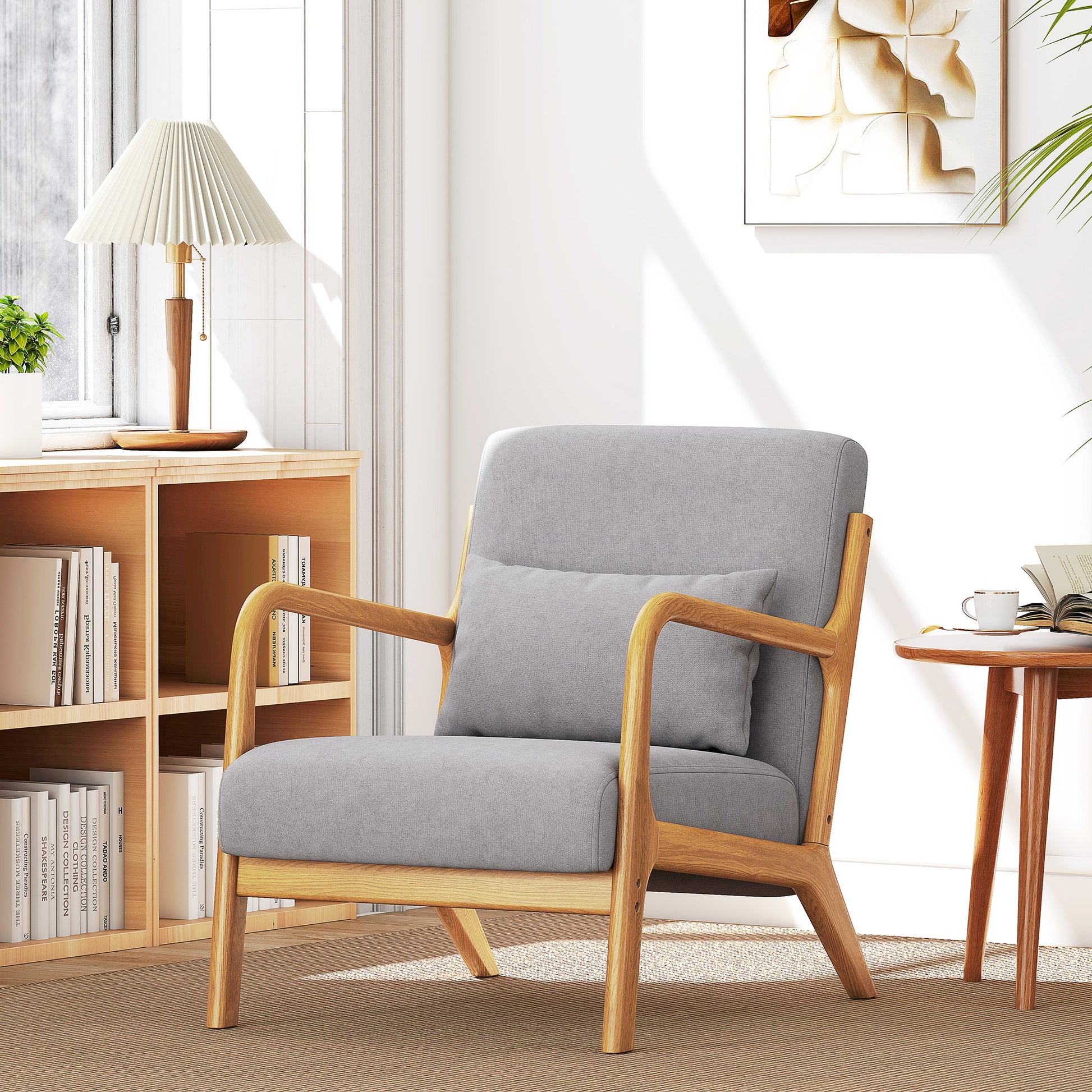 Lounge Armchair Nordic Armchair Living Room Chair with Armrests Cushion and Rubberwood Frame for Bedroom Load 120 kg 61x78x76 cm Gray