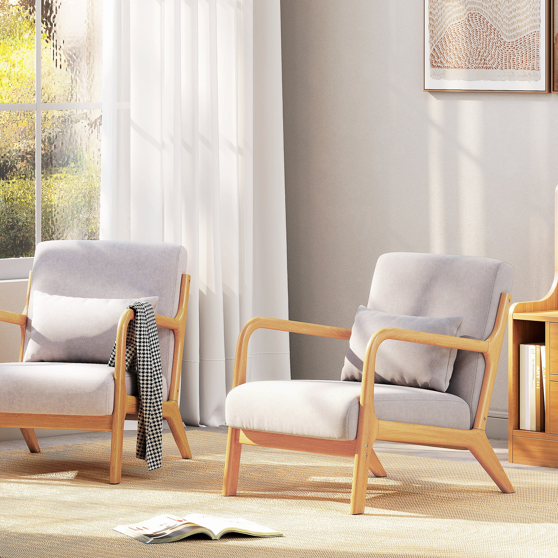 Lounge Armchair Nordic Armchair Living Room Chair with Armrests Cushion and Rubberwood Frame for Bedroom Load 120 kg 61x78x76 cm Gray