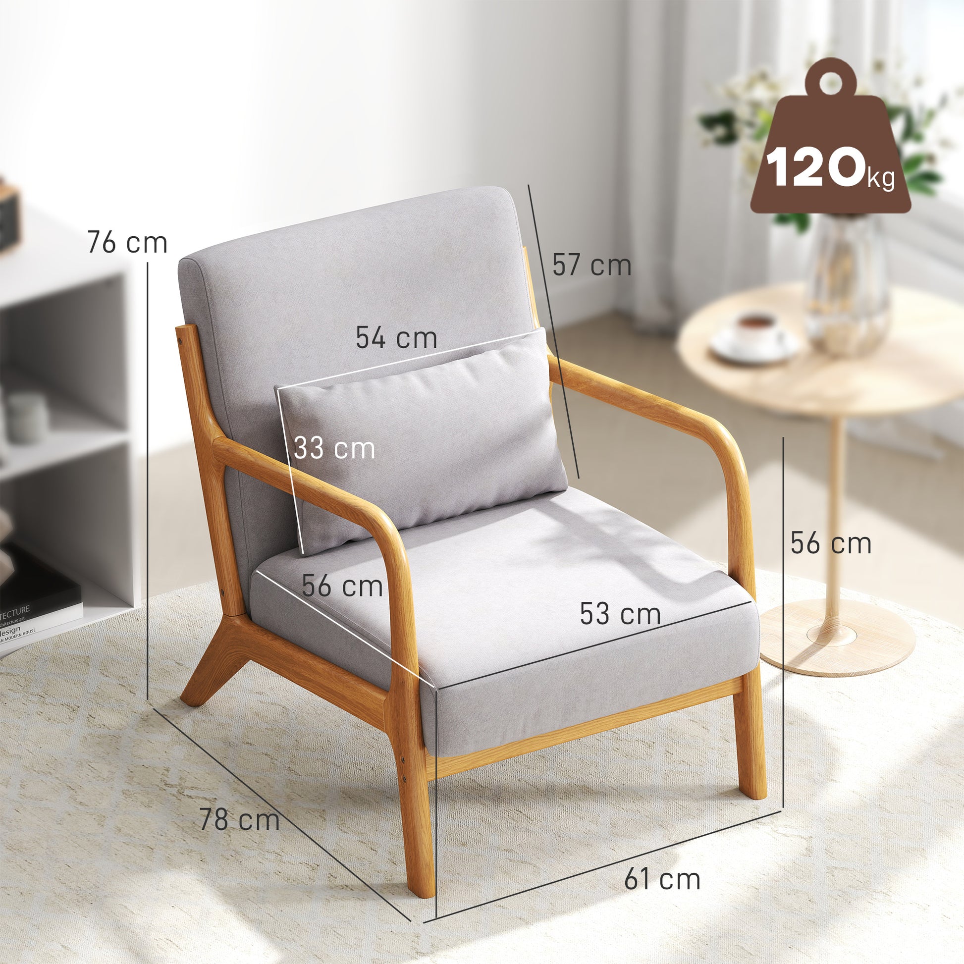 Lounge Armchair Nordic Armchair Living Room Chair with Armrests Cushion and Rubberwood Frame for Bedroom Load 120 kg 61x78x76 cm Gray