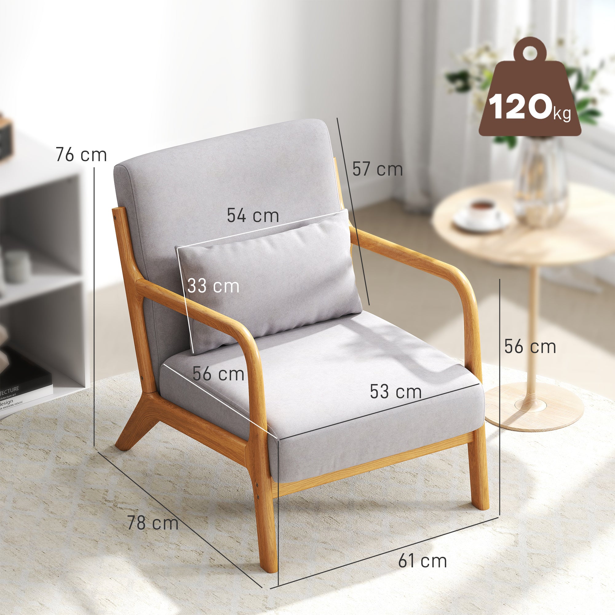 Lounge Armchair Nordic Armchair Living Room Chair with Armrests Cushion and Rubberwood Frame for Bedroom Load 120 kg 61x78x76 cm Gray
