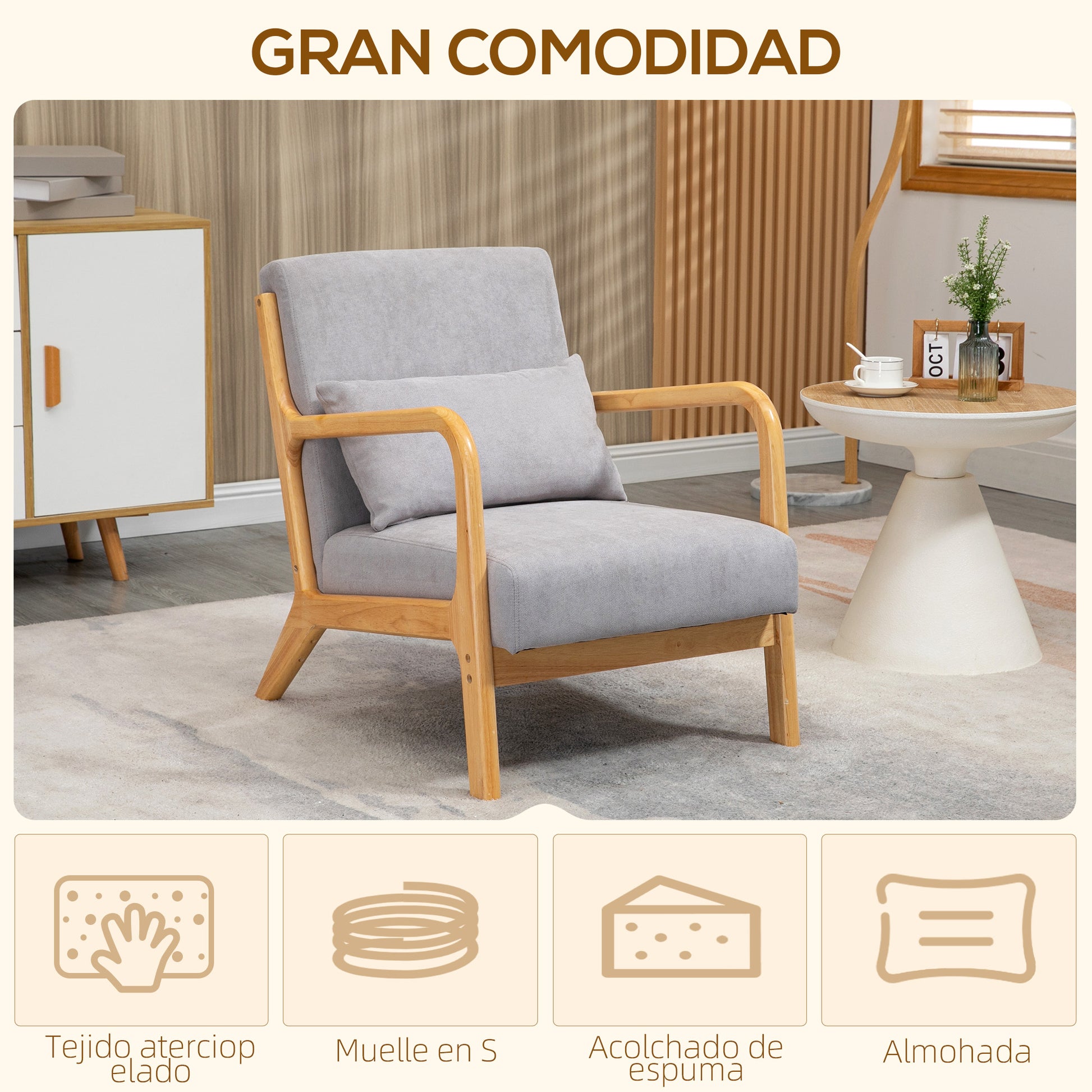Lounge Armchair Nordic Armchair Living Room Chair with Armrests Cushion and Rubberwood Frame for Bedroom Load 120 kg 61x78x76 cm Gray