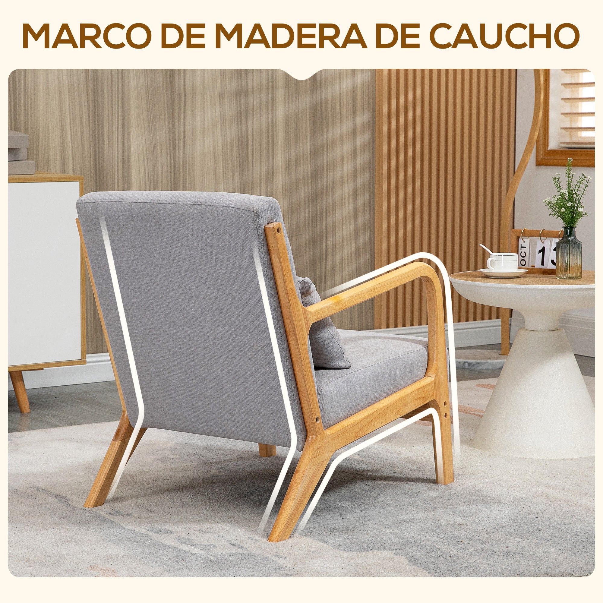 Lounge Armchair Nordic Armchair Living Room Chair with Armrests Cushion and Rubberwood Frame for Bedroom Load 120 kg 61x78x76 cm Gray